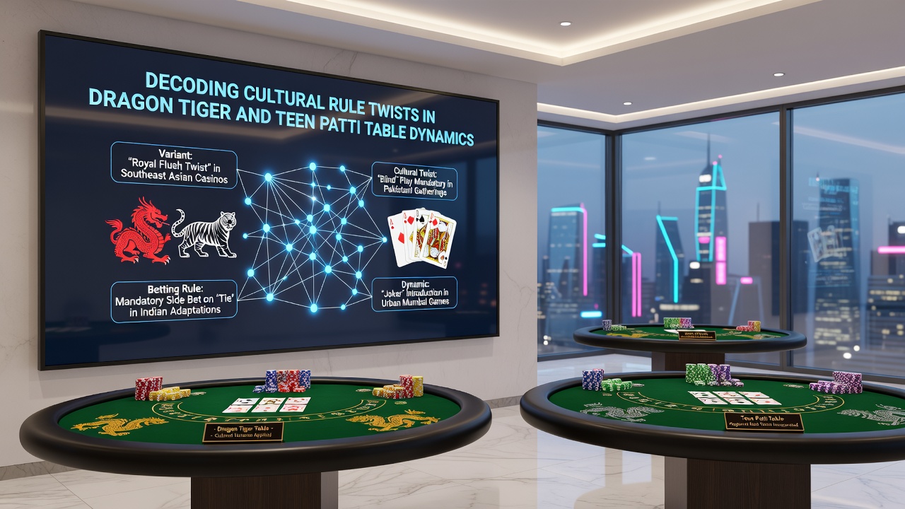 Players engaged at a mixed Dragon Tiger and Teen Patti table with visible cultural rule indicators