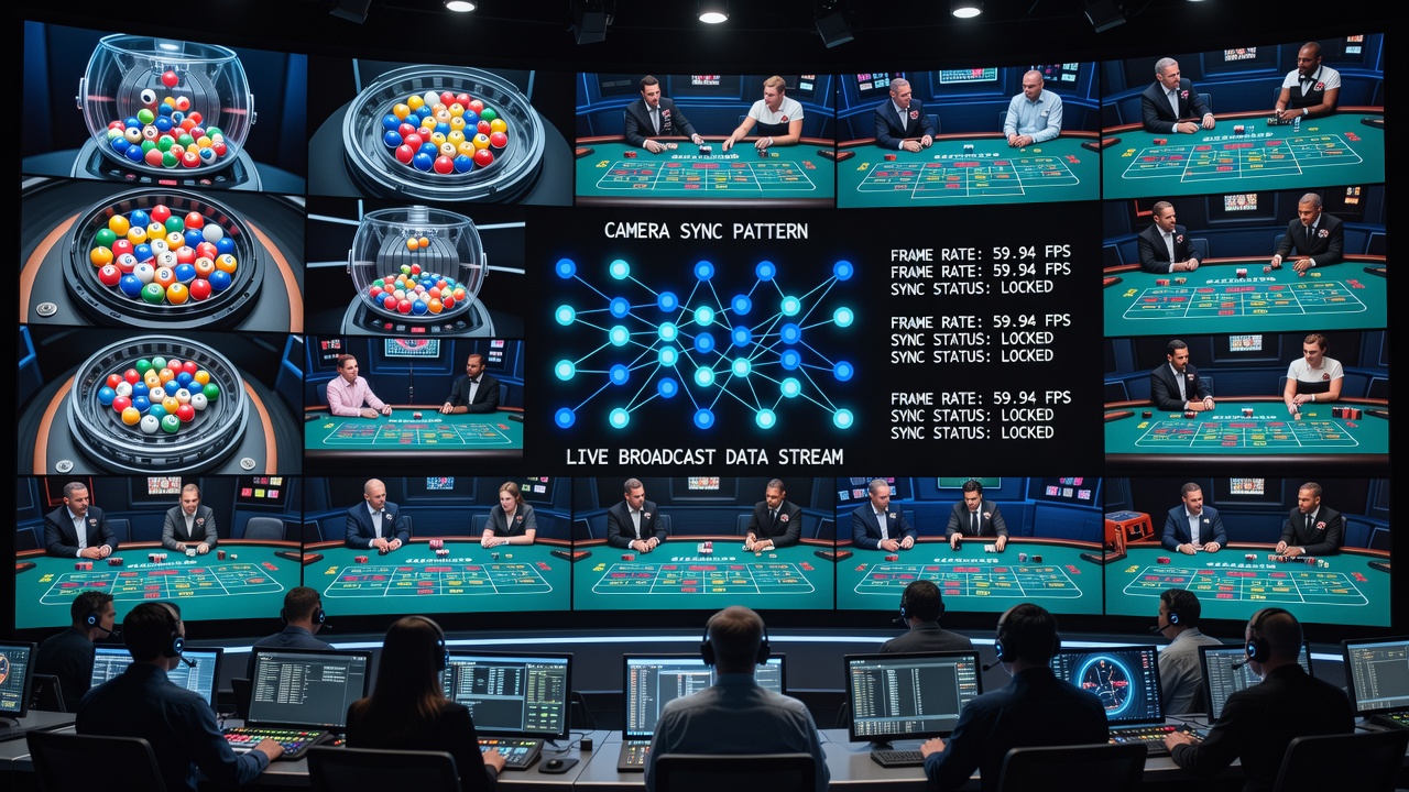Craps table multi-camera synchronization showing overhead, rail, and dice close-up feeds aligned during live play