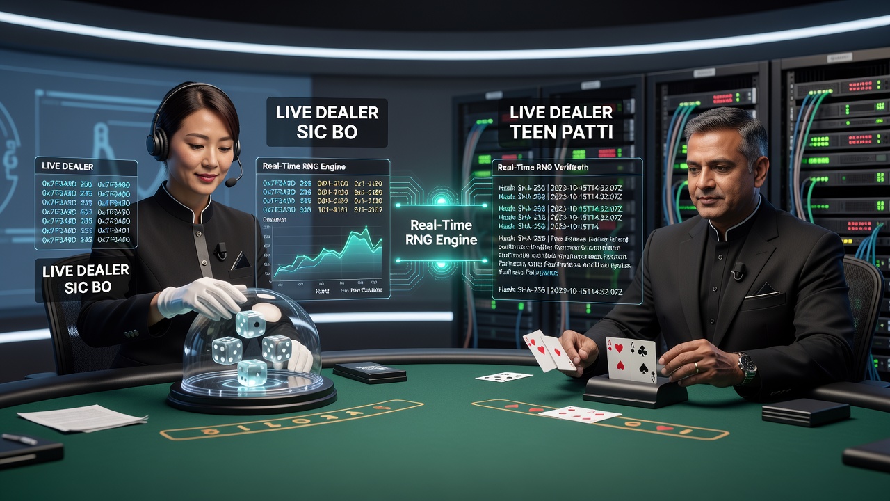 Teen Patti live dealer setup displaying integrated RNG bonus indicators on player screens